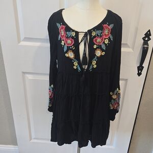 Free People Black‎ Long Sleeve Dress with Floral Embroidery-S Fp82